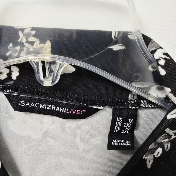 Isaac Mizrahi Live Top 1X Printed Floral Black Mock Neck Shirred 3/4 Slv Stretch - Picture 8 of 11